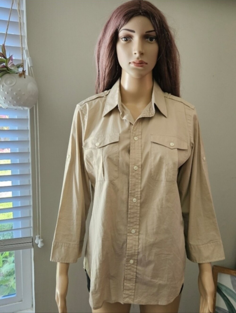 Ralph Lauren Blue Label Long-Sleeve Button Down Shirt Shacket Beige Tan